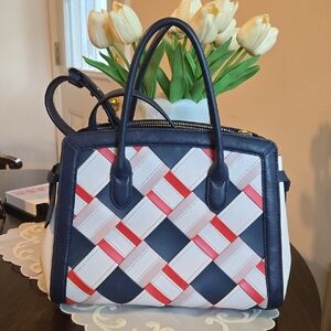 Kate Spade Red and Blue Satchel with Modern Geometric Pattern